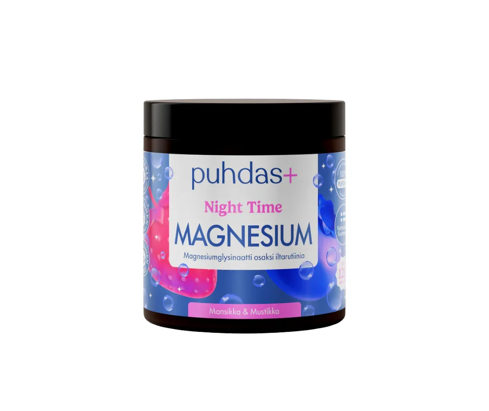 Puhdas+ Night Time Magnesium 80&nbsp;g, Mansikka & Mustikka