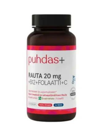 Puhdas+ Rauta 20 mg + B12 + Folaatti + C, 60 kaps.